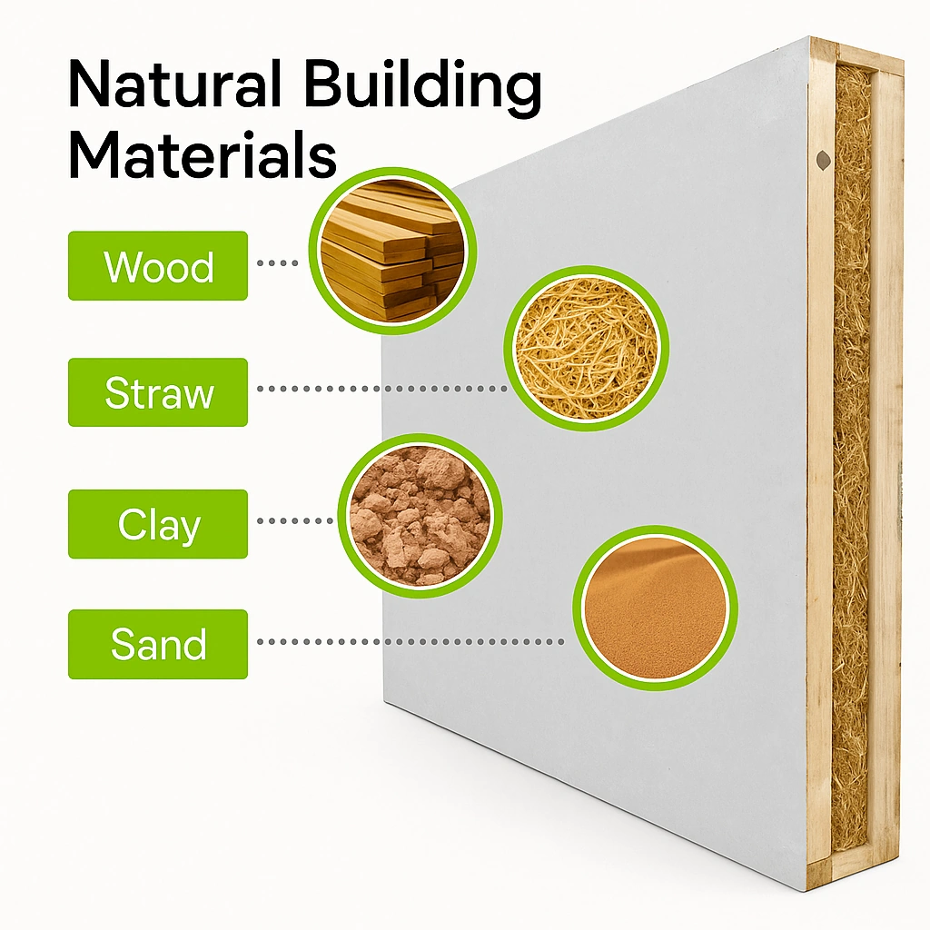 Cross-section of an eco-friendly wall made from natural materials including wood, straw, clay, and sand