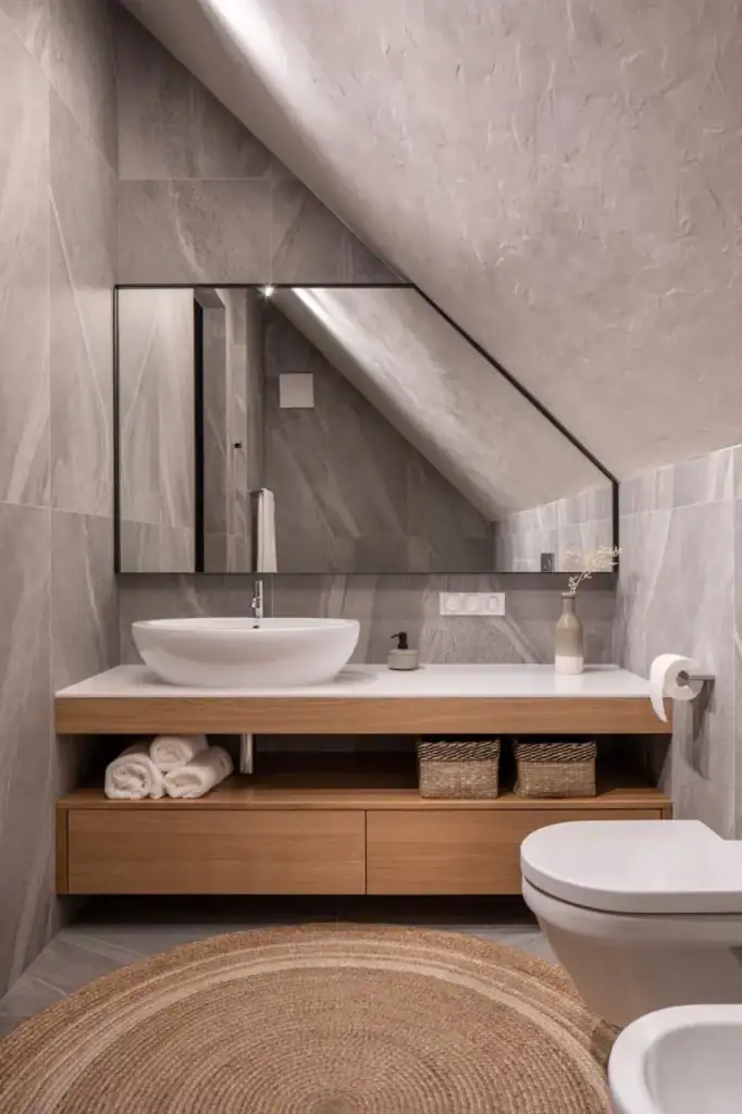 Modern bathroom under a sloped ceiling, showcasing a healthy, mold-free environment thanks to breathable straw-insulated panels